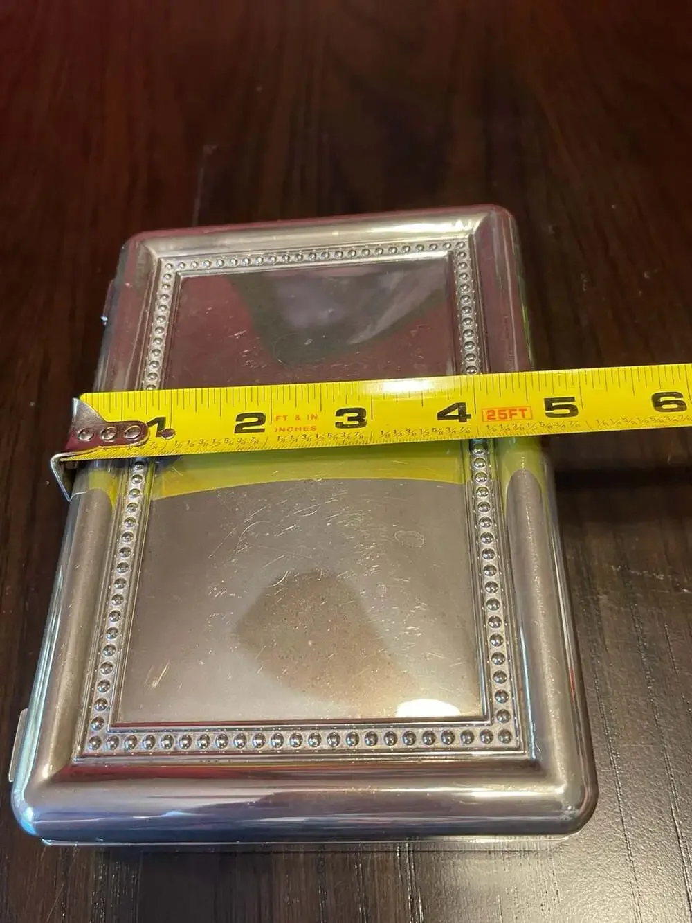 Vntg Silver-Plated Rectangular Trinket Jewelry Box w/Mirror & Red Velvet Lining